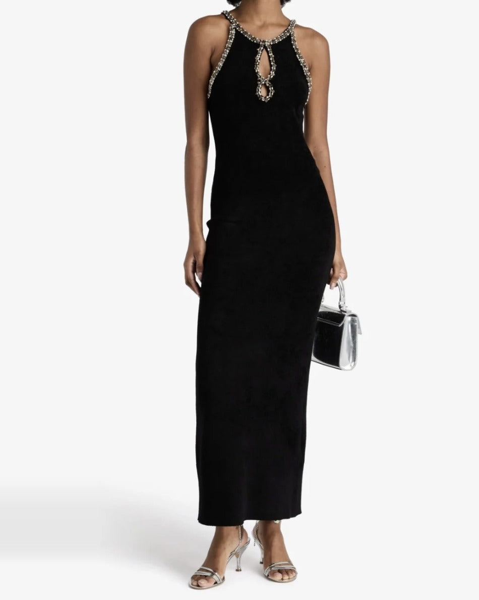 Sandro crystal-embellished cutout knitted maxi dress, full front view