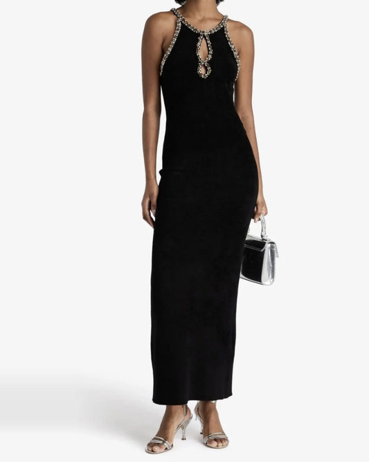Sandro crystal-embellished cutout knitted maxi dress, full front view
