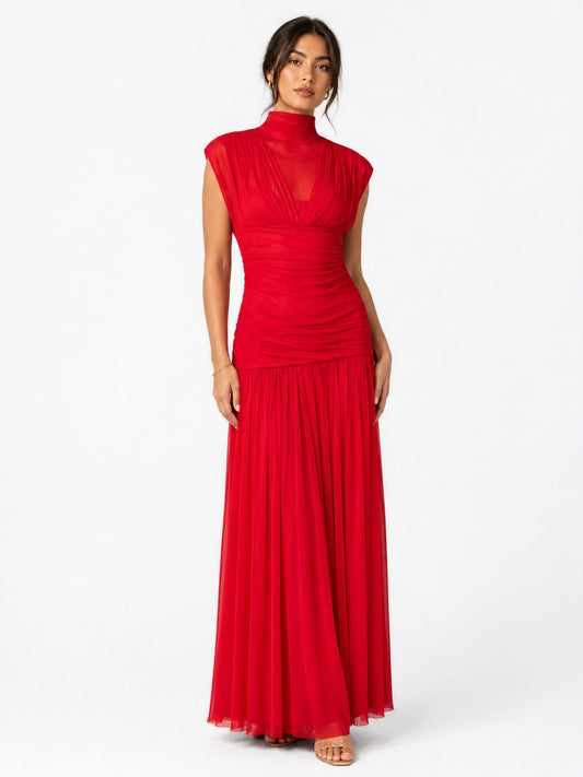 Zara red ruched mesh maxi dress, front view