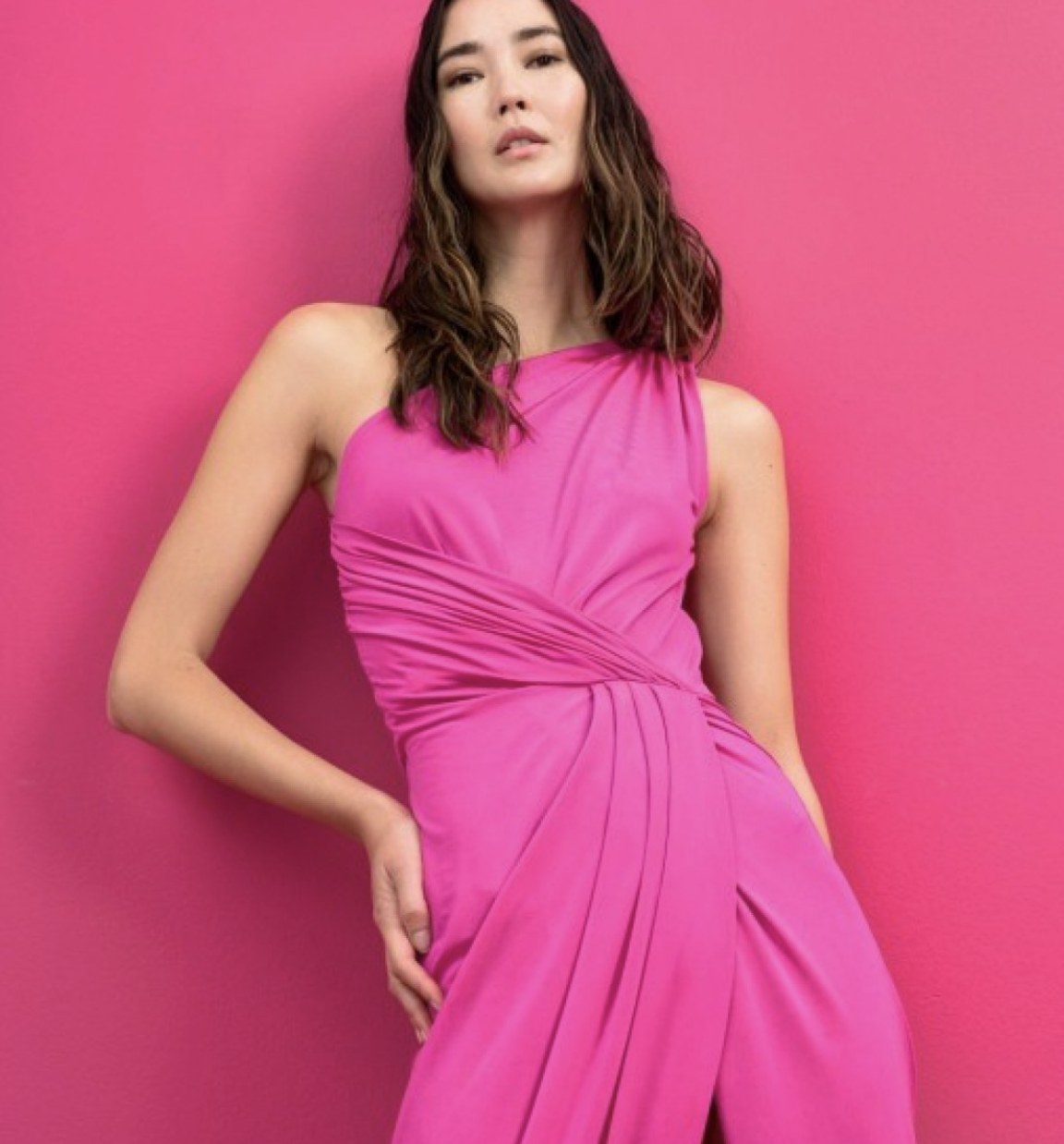 Alessa one shoulder draped maxi dress, front detail