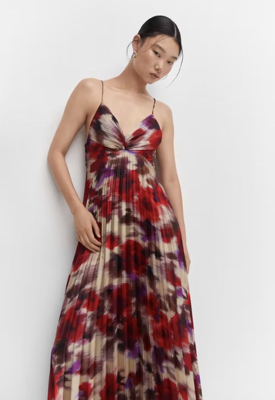 Mango pleated satin dress, three quarter view