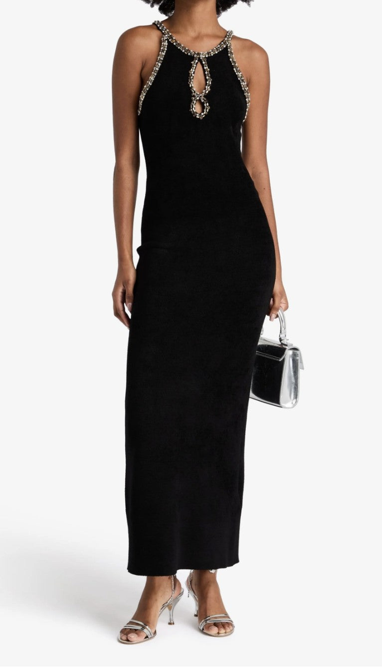 Sandro crystal-embellished cutout knitted maxi dress, back view with slit