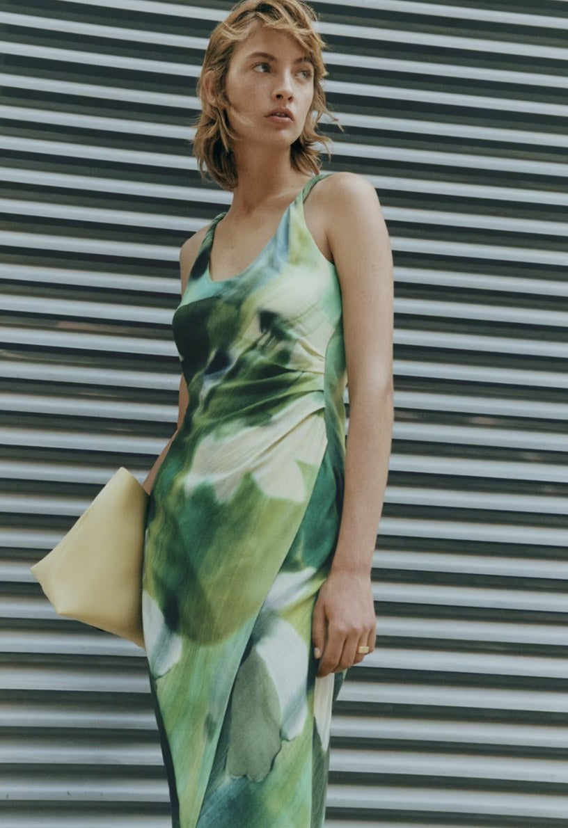 Mango printed dress with draped detail, worn outdoors