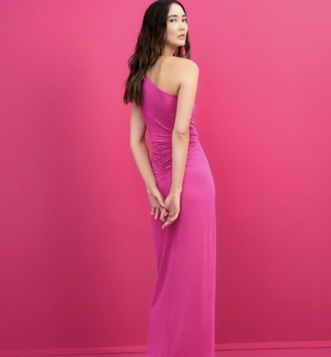 Alessa one shoulder draped maxi dress, back view