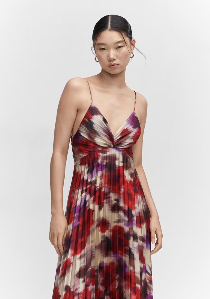 Mango pleated satin dress, bodice and skirt detail