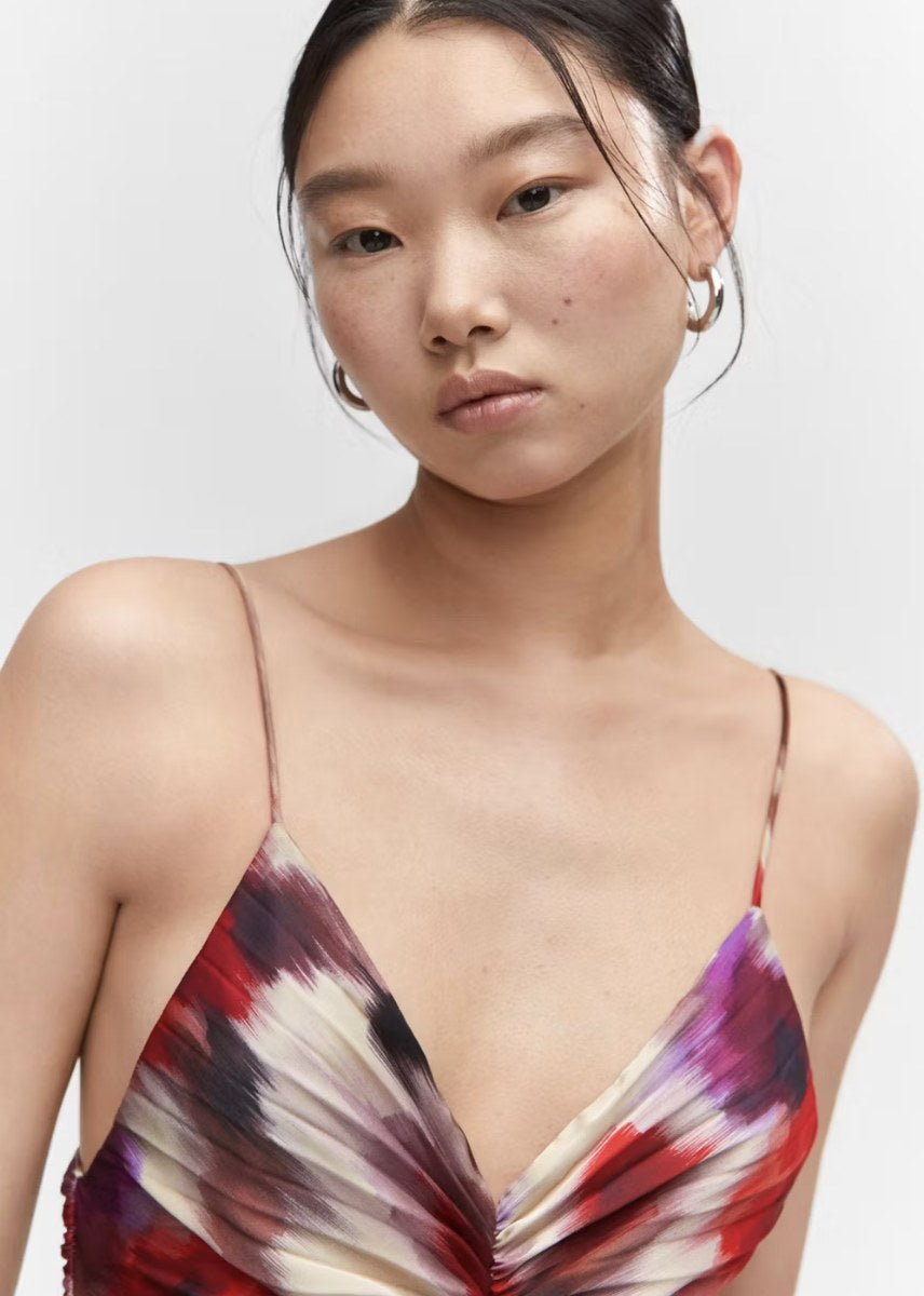 Mango pleated satin dress, neckline detail